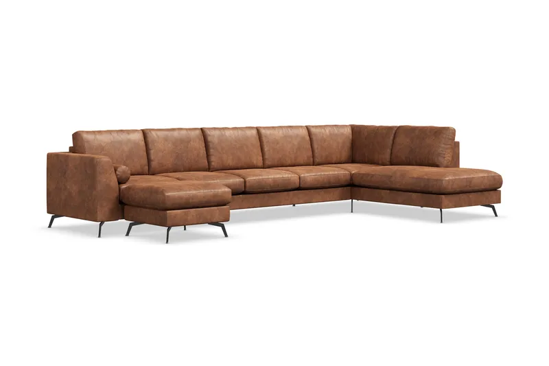 Ocean Lyx 6-sits Högervänd U-formad Soffa med Divan och Schäslong + Fotpall i Konstläder - Brun - Möbler - Soffa - Skinnsoffor