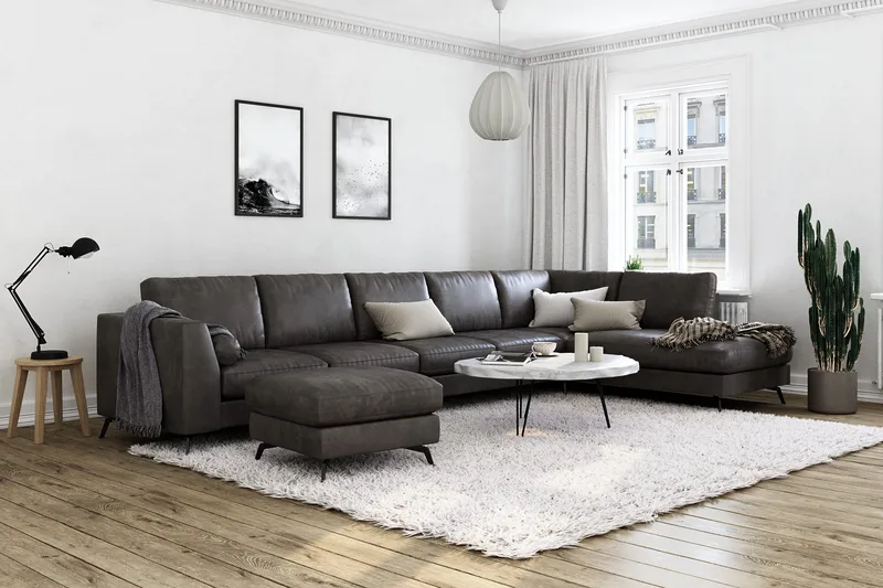 Ocean Lyx 6-sits Högervänd U-formad Soffa med Divan och Schäslong + Fotpall i Konstläder - Mörkgrå - Möbler - Soffa - Skinnsoffor