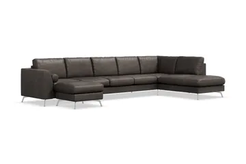 Ocean Lyx 6-sits Högervänd U-formad Soffa med Divan och Schäslong + Fotpall i Konstläder - Mörkgrå - Möbler - Soffa - Skinnsoffor
