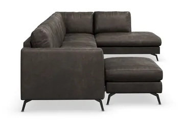 Ocean Lyx 6-sits Högervänd U-formad Soffa med Divan och Schäslong + Fotpall i Konstläder - Mörkgrå - Möbler - Soffa - Skinnsoffor