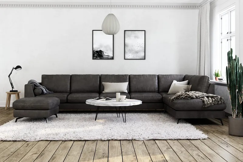 Ocean Lyx 6-sits Högervänd U-formad Soffa med Divan och Schäslong + Fotpall i Konstläder - Mörkgrå - Möbler - Soffa - Skinnsoffor