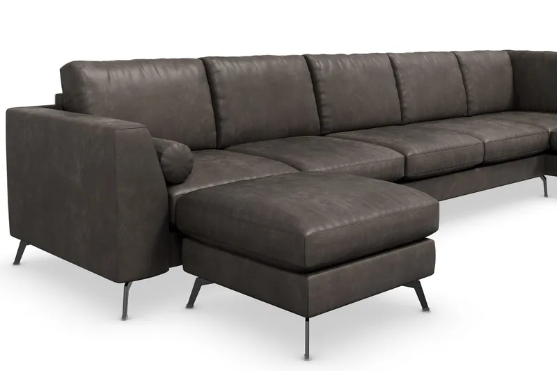 Ocean Lyx 6-sits Högervänd U-formad Soffa med Divan och Schäslong + Fotpall i Konstläder - Mörkgrå - Möbler - Soffa - Skinnsoffor