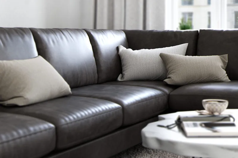 Ocean Lyx 6-sits Högervänd U-formad Soffa med Divan och Schäslong + Fotpall i Konstläder - Mörkgrå - Möbler - Soffa - Skinnsoffor