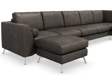 Ocean Lyx 6-sits Högervänd U-formad Soffa med Divan och Schäslong + Fotpall i Konstläder - Mörkgrå - Möbler - Soffa - Skinnsoffor