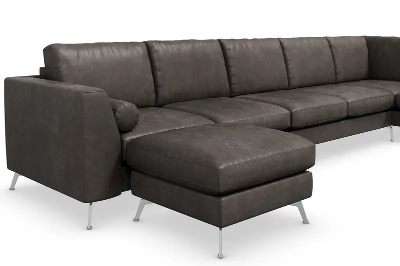 Ocean Lyx 6-sits Högervänd U-formad Soffa med Divan och Schäslong + Fotpall i Konstläder - Mörkgrå - Möbler - Soffa - Skinnsoffor