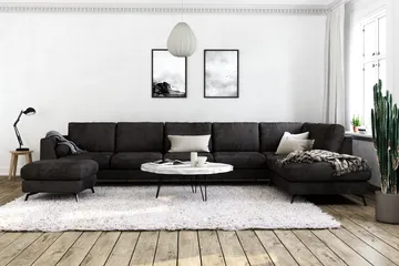 Ocean Lyx 6-sits Högervänd U-formad Soffa med Divan och Schäslong + Fotpall i Sammet - Mörkgrå - Möbler - Soffa - U-soffa