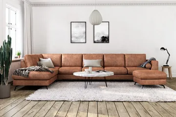 Ocean Lyx 6-sits Vänstervänd U-formad Soffa med Divan och Schäslong + Fotpall i Konstläder - Brun - Möbler - Soffa - Skinnsoffor