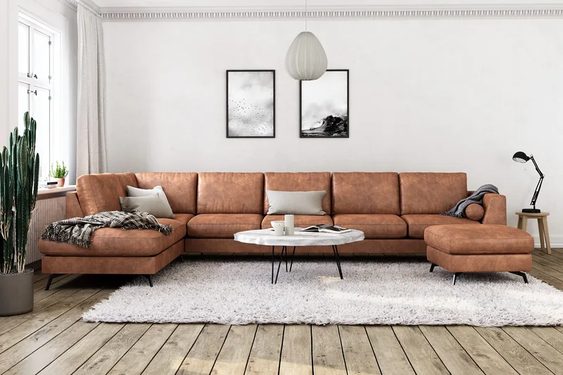 Ocean Lyx 6-sits Vänstervänd U-formad Soffa med Divan och Schäslong + Fotpall i Konstläder - Brun - Möbler - Soffa - Skinnsoffor
