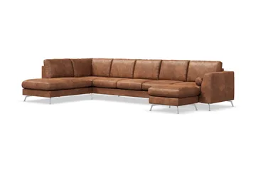 Ocean Lyx 6-sits Vänstervänd U-formad Soffa med Divan och Schäslong + Fotpall i Konstläder - Brun - Möbler - Soffa - Skinnsoffor