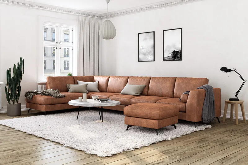 Ocean Lyx 6-sits Vänstervänd U-formad Soffa med Divan och Schäslong + Fotpall i Konstläder - Brun - Möbler - Soffa - Skinnsoffor