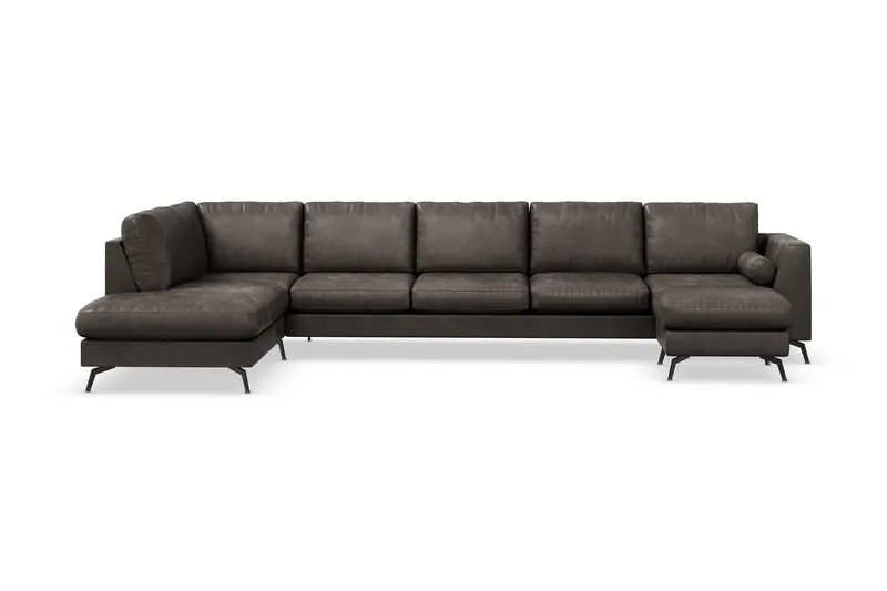 Ocean Lyx 6-sits Vänstervänd U-formad Soffa med Divan och Schäslong + Fotpall i Konstläder, Mörkgrå