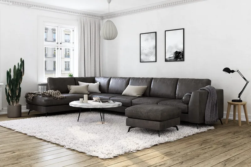 Ocean Lyx 6-sits Vänstervänd U-formad Soffa med Divan och Schäslong + Fotpall i Konstläder - Mörkgrå - Möbler - Soffa - Skinnsoffor