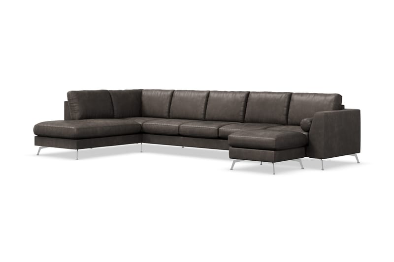 Ocean Lyx 6-sits Vänstervänd U-formad Soffa med Divan och Schäslong + Fotpall i Konstläder - Mörkgrå - Möbler - Soffa - Skinnsoffor