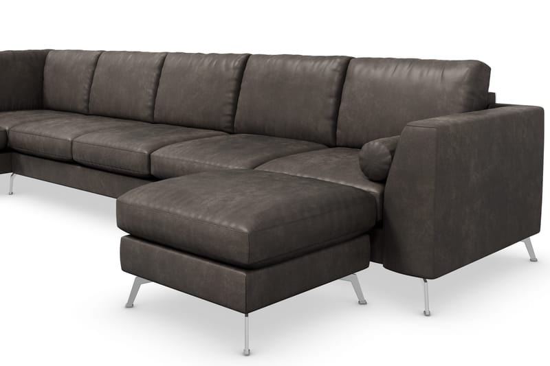 Ocean Lyx 6-sits Vänstervänd U-formad Soffa med Divan och Schäslong + Fotpall i Konstläder - Mörkgrå - Möbler - Soffa - Skinnsoffor