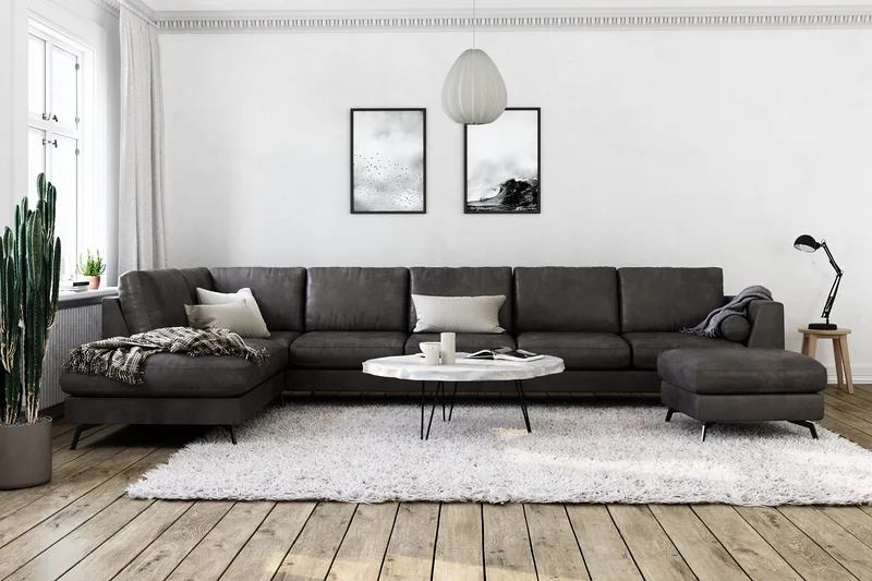 Ocean Lyx 6-sits Vänstervänd U-formad Soffa med Divan och Schäslong + Fotpall i Konstläder - Mörkgrå - Möbler - Soffa - Skinnsoffor