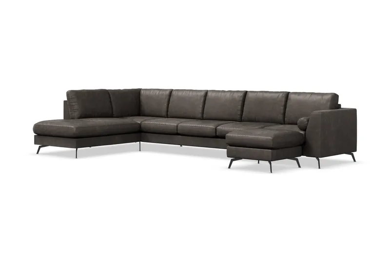 Ocean Lyx 6-sits Vänstervänd U-formad Soffa med Divan och Schäslong + Fotpall i Konstläder - Mörkgrå - Möbler - Soffa - Skinnsoffor