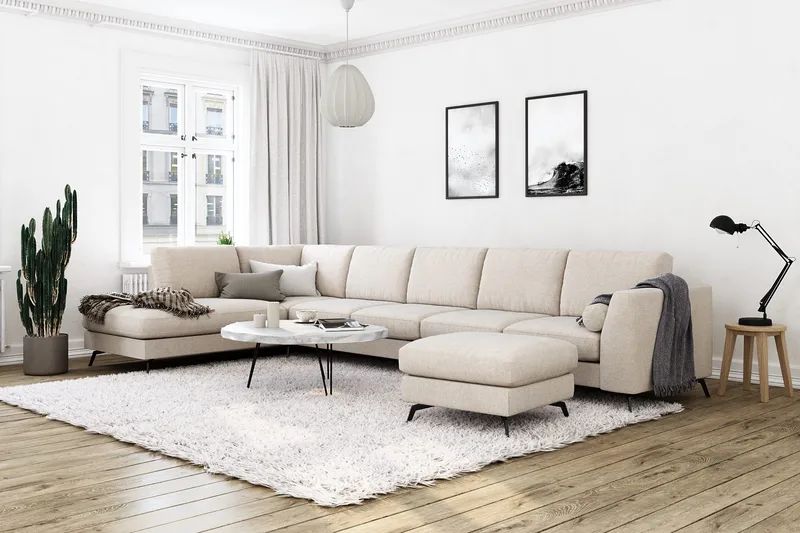 Ocean Lyx 6-sits Vänstervänd U-formad Soffa med Divan och Schäslong + Fotpall i Tyg - Beige - Möbler - Soffa - U-soffa