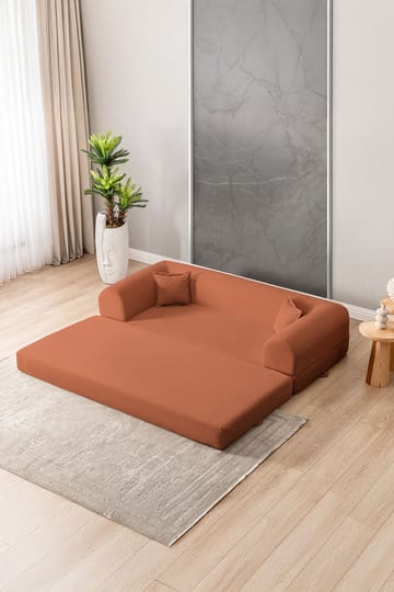 Pento 3-sits Ribbad Bäddsoffa i Tyg - Cognac - M öbler - Soffa - Bäddsoffa