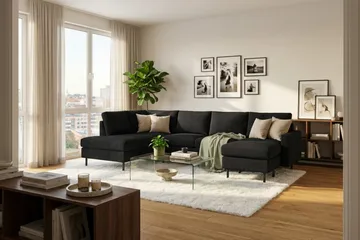 Peppe 4-sits Vänstervänd U-formad Soffa med Divan och Schäslong i Manchester - Svart - Möbler - Soffa - U-soffa