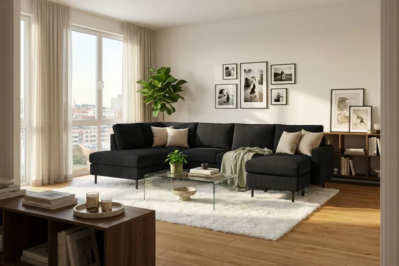 Peppe 4-sits Vänstervänd U-formad Soffa med Divan och Schäslong i Manchester - Svart - Möbler - Soffa - U-soffa