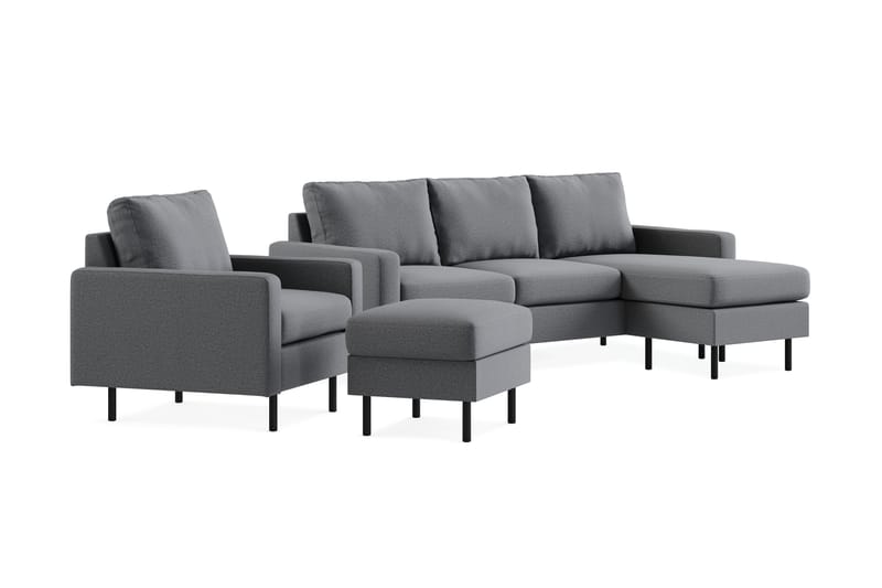 Peppe Soffgrupp 3-sits Vändbar L-formad Divansoffa + Fåtölj + Fotpall i Tyg - Ljusgrå - Möbler - Soffa - Soffgrupp