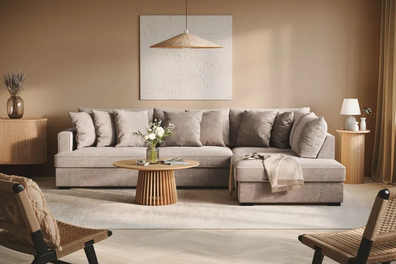 Rossita 4-sits Högervänd L-formad Djup Schäslongsoffa i Chenille - Grå / Brun - Möbler - Soffa - Divansoffor & schäslongsoffa