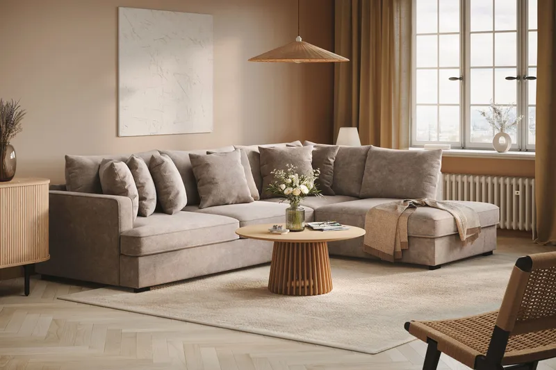 Rossita 4-sits Högervänd L-formad Djup Schäslongsoffa i Chenille - Grå / Brun - Möbler - Soffa - Divansoffor & schäslongsoffa