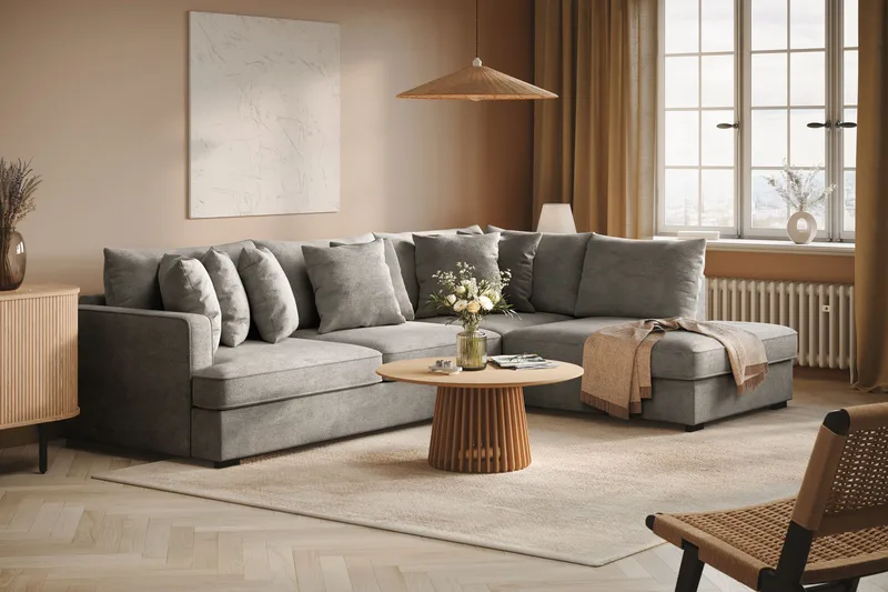 Rossita 4-sits Högervänd L-formad Djup Schäslongsoffa i Chenille - Grå - Möbler - Soffa - Divansoffor & schäslongsoffa