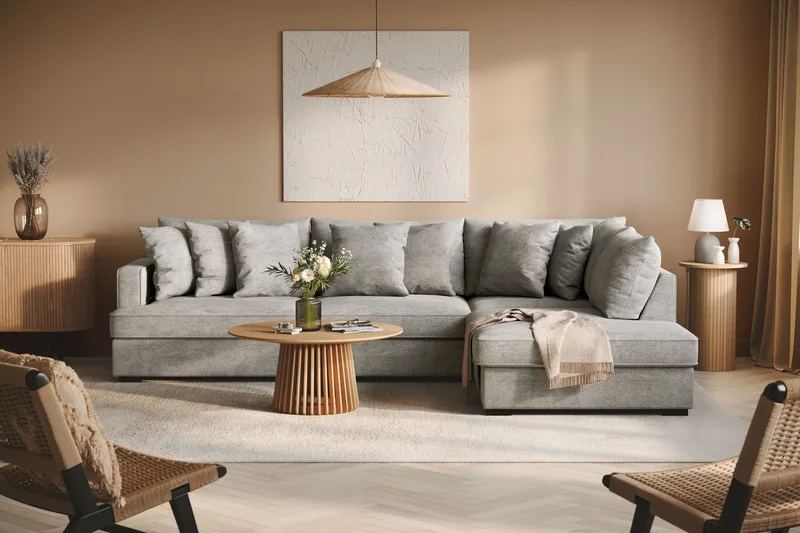 Rossita 4-sits Högervänd L-formad Djup Schäslongsoffa i Chenille - Grå - Möbler - Soffa - Divansoffor & schäslongsoffa