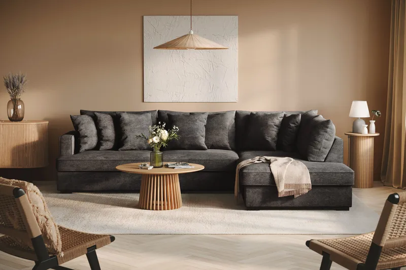 Rossita 4-sits Högervänd L-formad Djup Schäslongsoffa i Chenille - Svart - Möbler - Soffa - Divansoffor & schäslongsoffa