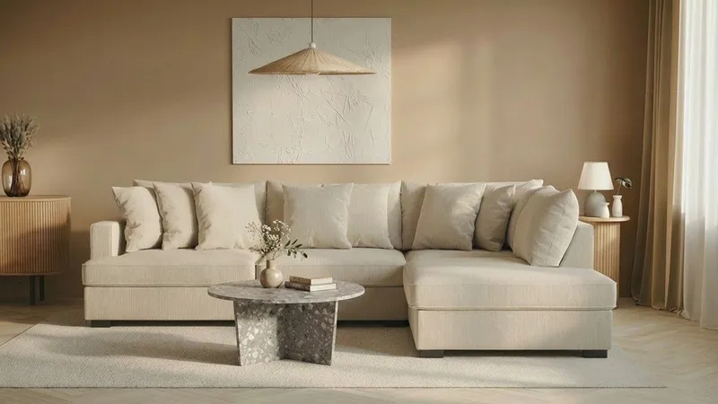 Rossita 4-sits Högervänd L-formad Djup Schäslongsoffa i Manchester - Beige - Möbler - Soffa - Divansoffor & schäslongsoffa