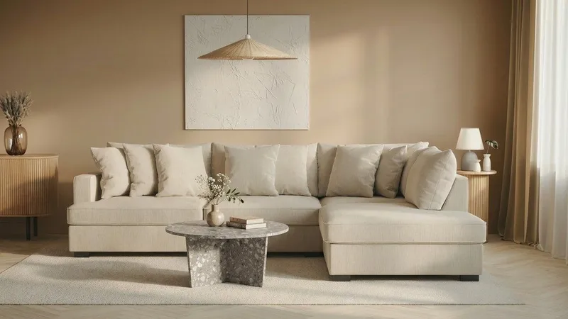 Rossita 4-sits Högervänd L-formad Djup Schäslongsoffa i Tyg - Beige - Möbler - Soffa - Divansoffor & schäslongsoffa