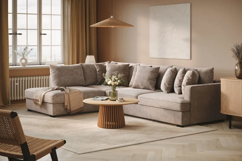 Rossita 4-sits Vänstervänd L-formad Djup Schäslongsoffa i Chenille - Grå / Brun - Möbler - Soffa - Divansoffor & schäslongsoffa