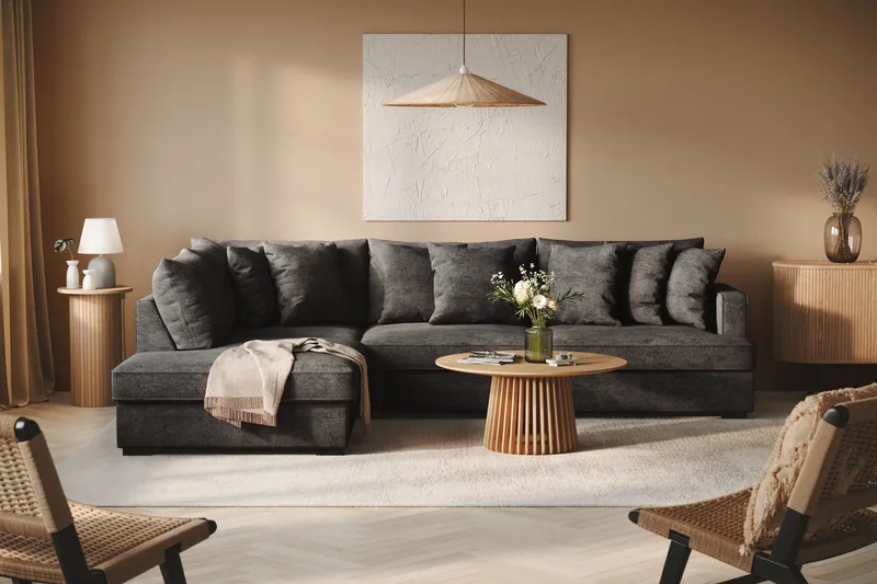 Rossita 4-sits Vänstervänd L-formad Djup Schäslongsoffa i Chenille - Svart - Möbler - Soffa - Divansoffor & schäslongsoffa