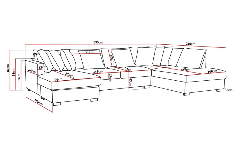 Rossita 5-sits Högervänd U-formad Djup Soffa med Divan och Schäslong i Chenille - Svart - Möbler - Soffa - U-soffa