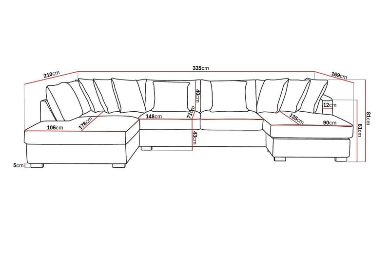 Rossita 5-sits Vänstervänd U-formad Djup Soffa med Divan och Schäslong i Tyg - Brun - Möbler - Soffa - U-soffa