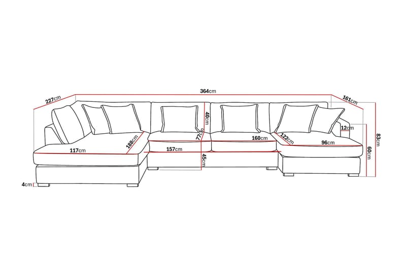 Rossita Lyx 5-sits Vänstervänd U-formad Extra djup Soffa med Divan och Schäslong i Chenille - Grå - Möbler - Soffa - U-soffa