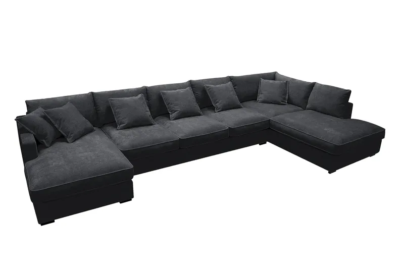 Rossita Lyx 6-sits Högervänd U-formad Extra djup Soffa med Divan och Schäslong i Chenille - Trenza 01, Svart Chenille - Möbler - Soffa - U-soffa