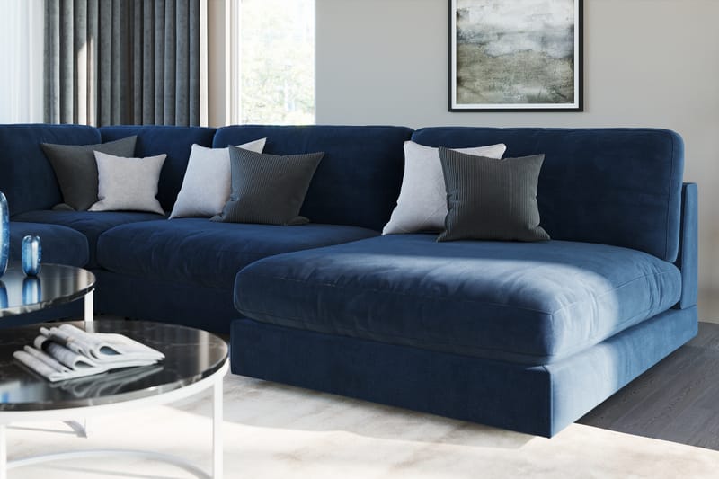 Arken 6-sits Vändbar L-formad Modulhörnsoffa med Divan + Fotpall i Sammet - Blå - Möbler - Soffa - Sammetssoffa