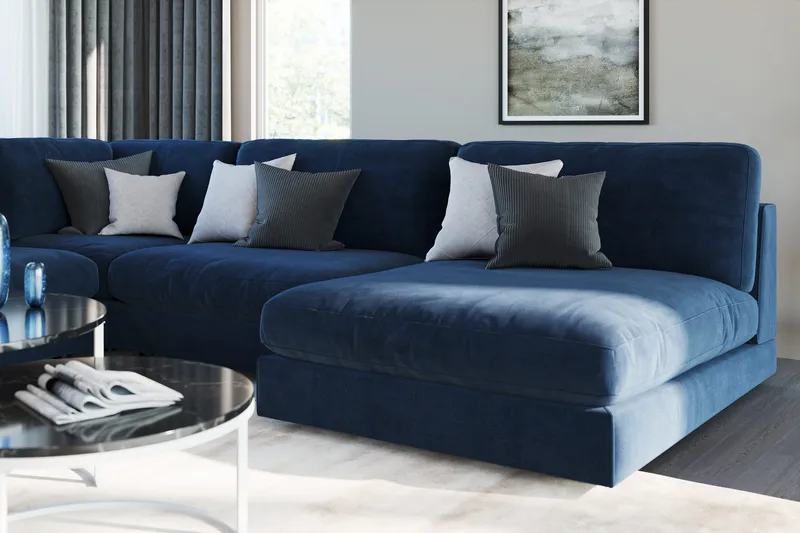 Arken 6-sits Vändbar L-formad Modulhörnsoffa med Divan + Fotpall i Sammet - Blå - Möbler - Soffa - Modulsoffor - Komplett modulsoffa