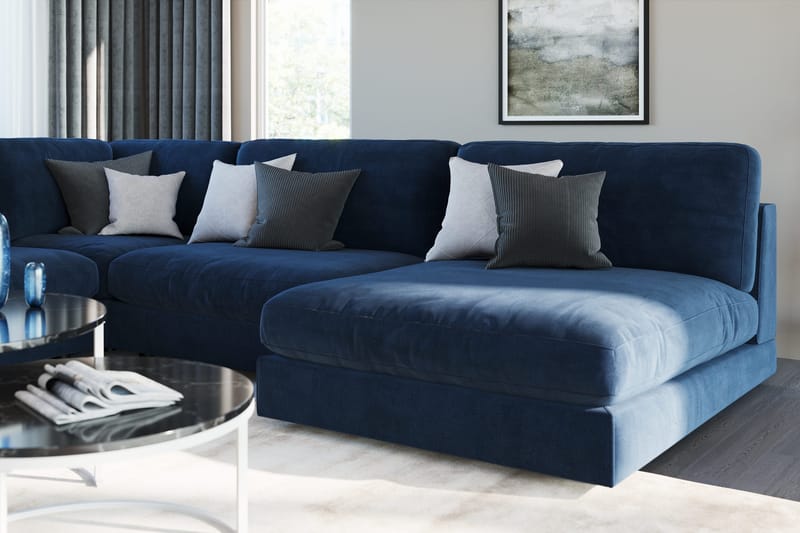 Arken 6-sits Vändbar L-formad Modulhörnsoffa med Divan + Fotpall i Sammet - Blå - Möbler - Soffa - Modulsoffor - Komplett modulsoffa