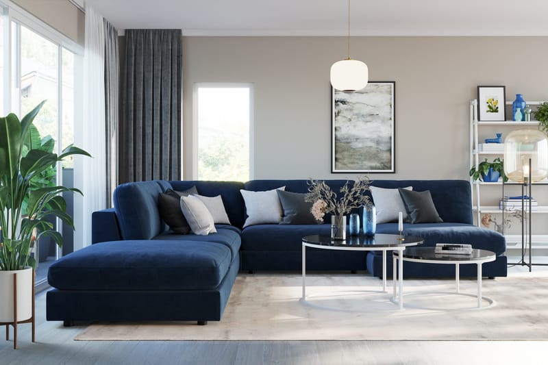 Arken 6-sits Vändbar L-formad Modulhörnsoffa med Divan + Fotpall i Sammet - Blå - Möbler - Soffa - Modulsoffor - Komplett modulsoffa