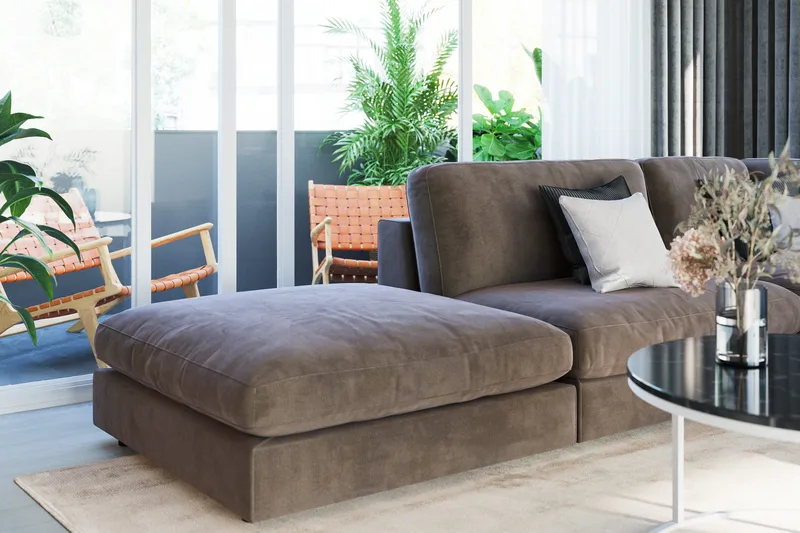 Arken 6-sits Vändbar L-formad Modulhörnsoffa med Divan + Fotpall i Sammet - Brun - Möbler - Soffa - Modulsoffor - Komplett modulsoffa