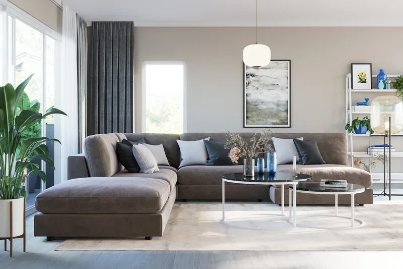 Arken 6-sits Vändbar L-formad Modulhörnsoffa med Divan + Fotpall i Sammet - Brun - Möbler - Soffa - Modulsoffor - Komplett modulsoffa