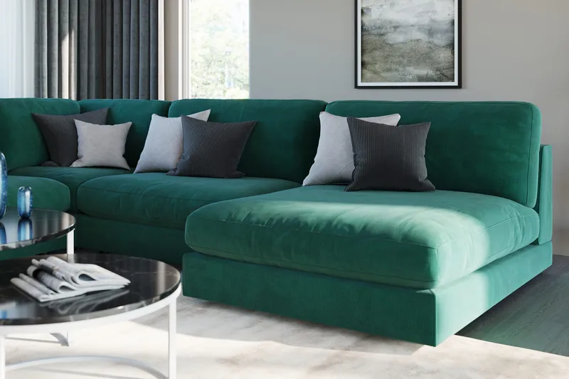 Arken 6-sits Vändbar L-formad Modulhörnsoffa med Divan + Fotpall i Sammet - Grön - Möbler - Soffa - Modulsoffor - Komplett modulsoffa