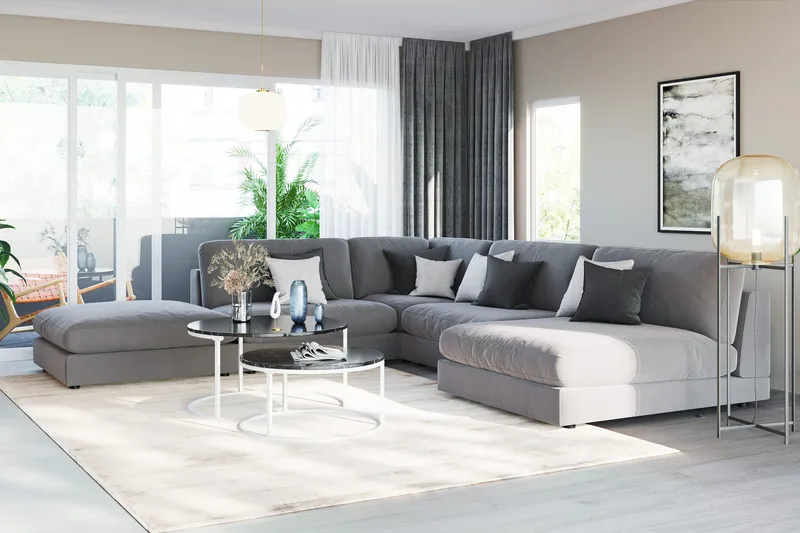 Arken 6-sits Vändbar L-formad Modulhörnsoffa med Divan + Fotpall i Sammet - Ljusgrå - Möbler - Soffa - Modulsoffor - Komplett modulsoffa