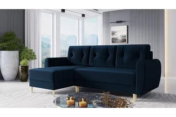 Bornalle 3-sits L-formad Bäddsoffa 130x200 cm med Förvaring i Sammet - Blå - Möbler - Soffa - Bäddsoffa - Bäddsoffa divan