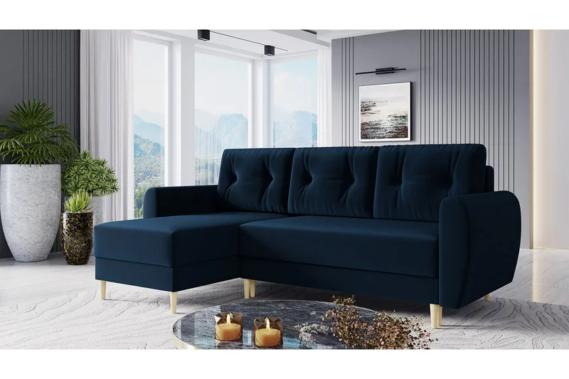 Bornalle 3-sits L-formad Bäddsoffa 130x200 cm med Förvaring i Sammet - Blå - Möbler - Soffa - Bäddsoffa - Bäddsoffa divan
