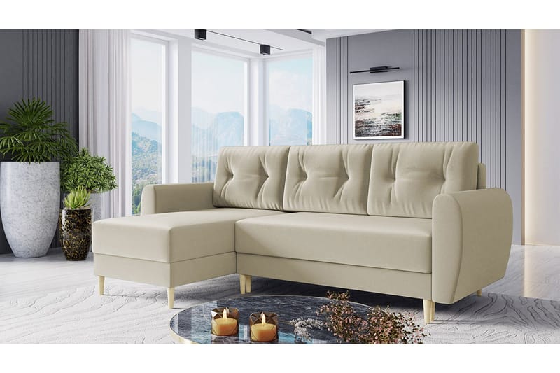 Bornalle 3-sits L-formad Bäddsoffa 130x200 cm med Förvaring i Sammet - Vit - Möbler - Soffa - Bäddsoffa - Bäddsoffa divan
