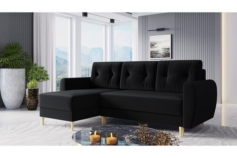 Bornalle 3-sits L-formad Bäddsoffa 130x200 cm med Förvaring i Plysch - Svart - Möbler - Soffa - Bäddsoffa - Bäddsoffa divan